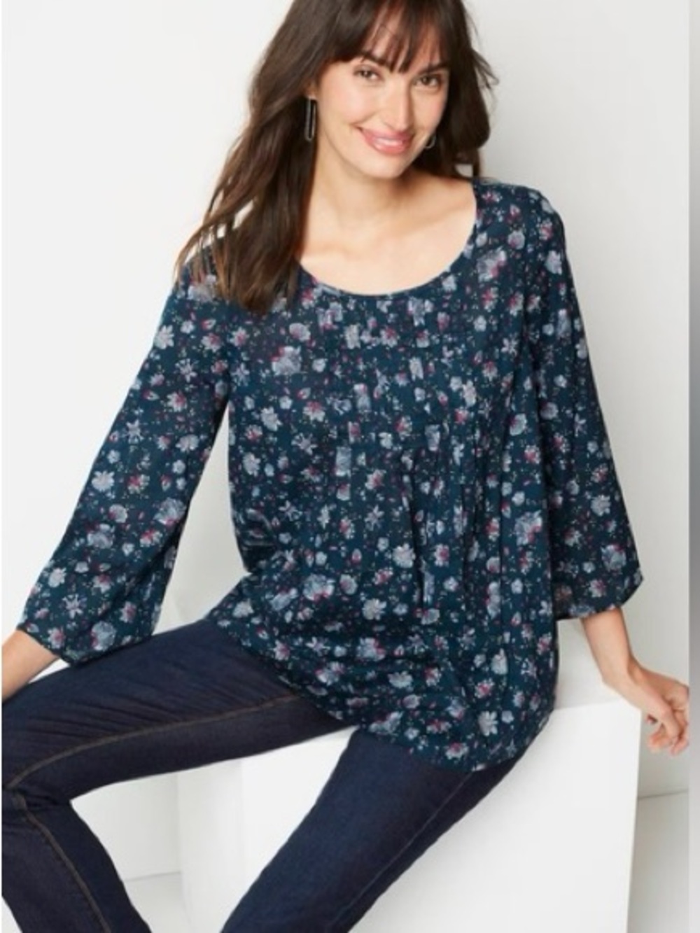 J. Jill Pintucked Floral 100% Cotton Top Blue/Teal Relaxed Fit Size Medium